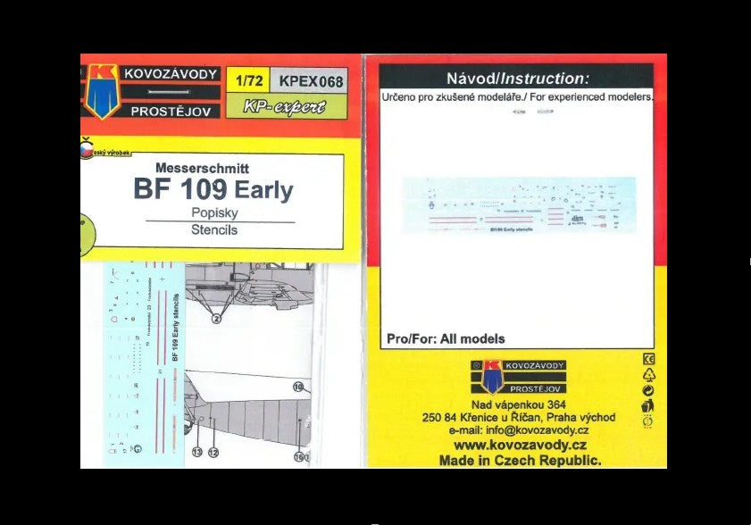 Kovozavody Prostejov EX7268 1:72 Messerchmitt Bf-109 Early stencils