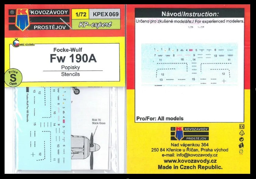 Kovozavody Prostejov KPEX069 1:72 Focke-Wulf Fw-190A stencils