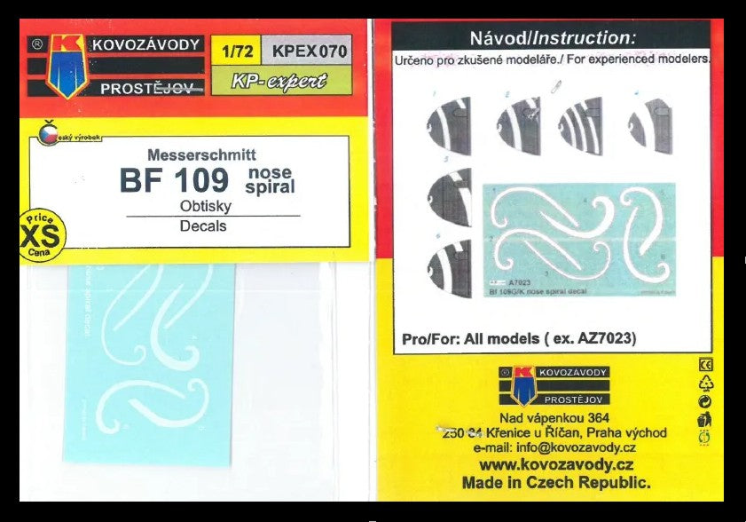 Kovozavody Prostejov KPEX070 1:72 Messerschmitt Bf-109G nose spiral decal x 6