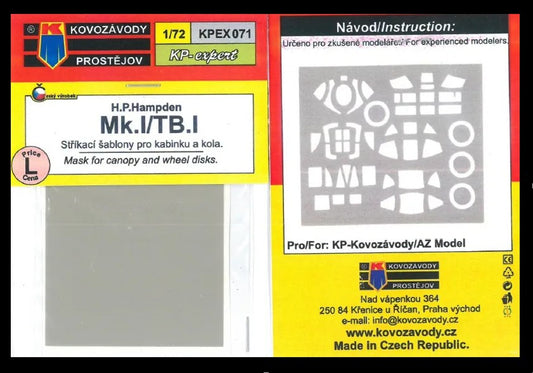 Kovozavody Prostejov KPEX071 1:72 Handley-Page Hampden MASK for canopy and wheel disks