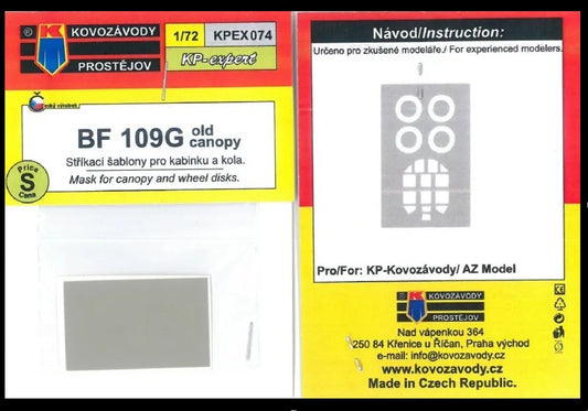 Kovozavody Prostejov KPEX074 1:72 Messerchmitt Bf-109G old canopy MASK for canopy and wheel disks