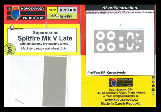 Kovozavody Prostejov KPEX078 1:72 Supermarine Spitfire Mk.V late MASK for canopy and wheel disk
