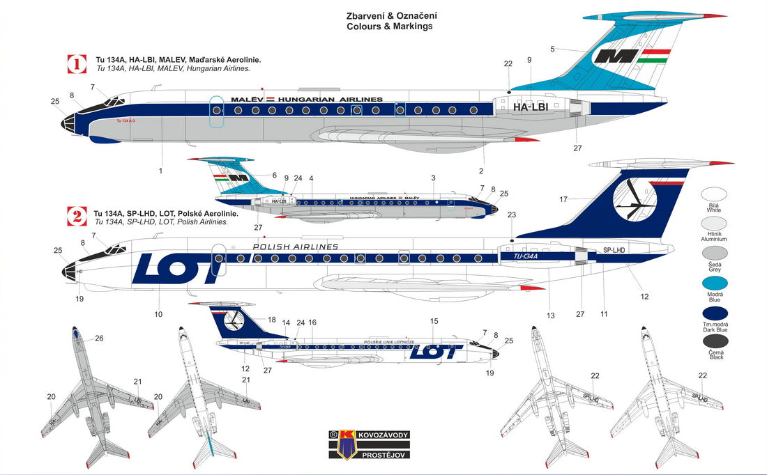 Kovozavody Prostejov KPM14411 1:144 Tupolev Tu-134A-3 'Malév/LOT' New Tooling in 2025