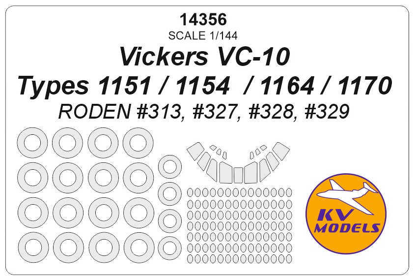 KV Models 14356 1:144 Vickers VC-10 Types 1151 / 1154 / 1164 / 1170 wheels and canopy frame paint masks (outside only)