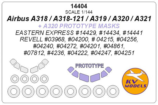 KV Models 14404 1:144 Airbus A318 / A318-121 / A319 / A320 / A321 (+A320 prototype masks) canopy frame paint mask AND wheel paint mask
