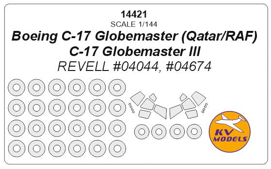 KV Models 14421 1:144 Boeing C-17 Globemaster (Qatar/RAF) / C-17 Globemaster III canopy frame paint mask AND wheel paint mask