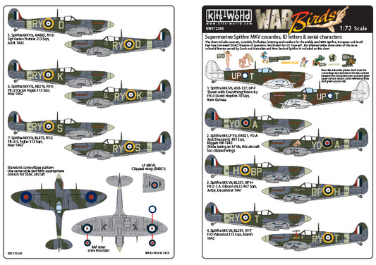 Kits-World KW172243 1:72 Spitfire Nose-Art, Roundels, Fin-Flashes, Lettering & Numbers