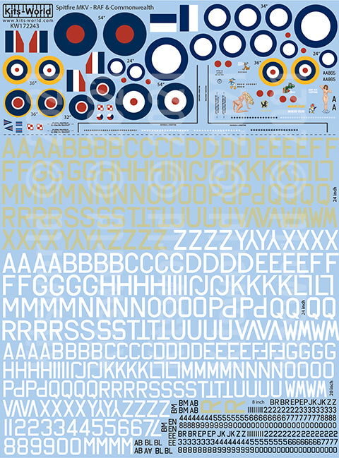 Kits-World KW172243 1:72 Spitfire Nose-Art, Roundels, Fin-Flashes, Lettering & Numbers