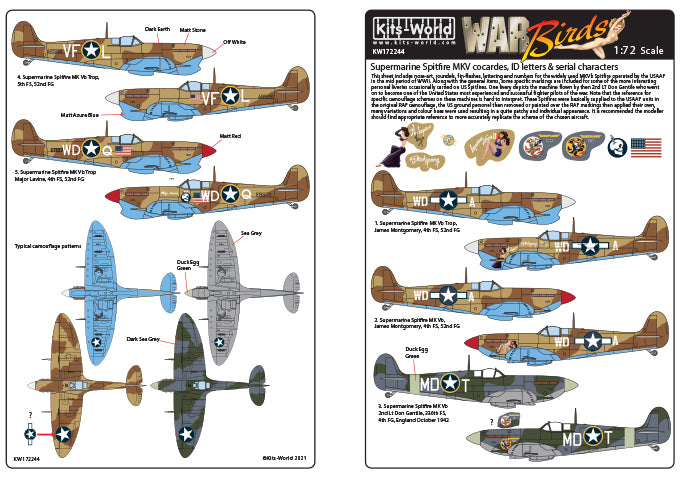 Kits-World KW172244 1:72 Spitfire Nose-Art, Roundels, Fin-Flashes, Lettering & Numbers