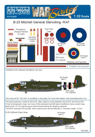 Kits-World KW132050 1:32 North-American Mitchell B-25J General Markings RAF & SEAC