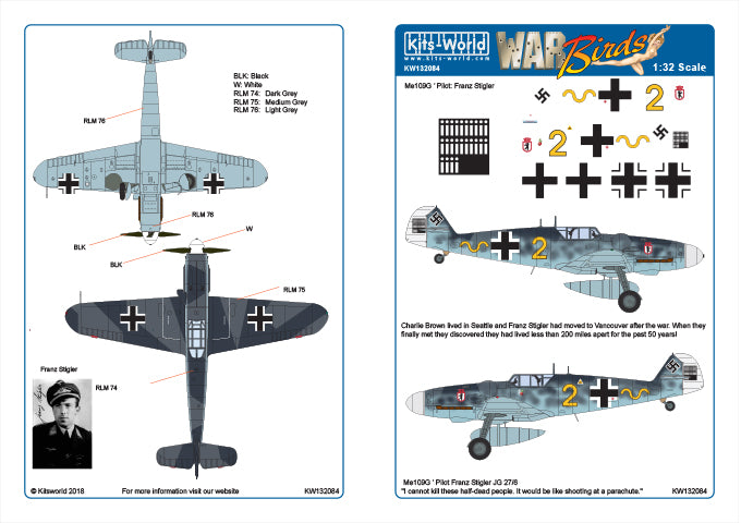 Kits-World KW132084 1:32 Messerschmitt Bf-109G-6 JG/27/6 Pilot Franz Stigler