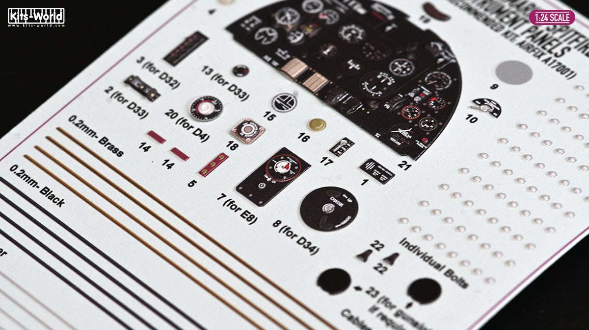 Kits-World 3D1241002 1:24 3D Full colour Instrument Panels PLUS Rivets and wires - Supermarine Spitfire Mk.IXc