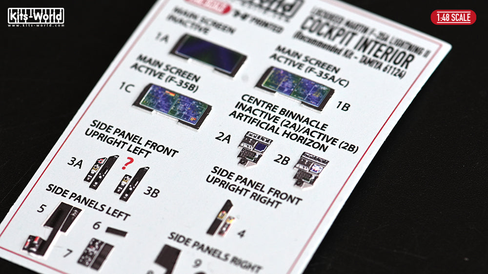 Kits-World 3D1481086 1:48 F-35A, F-35B, F-35C Lightning screens off/ active 3D Full colour Instrument Panels