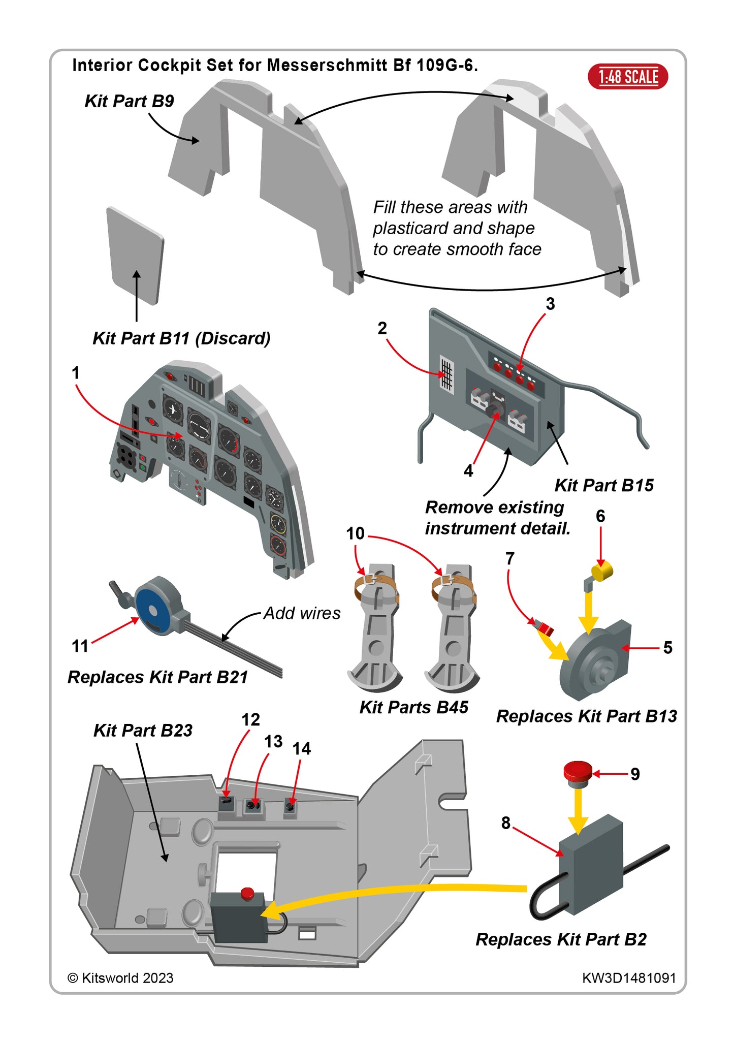 Kits-World KW3D1481091 1:48 Messerschmitt Bf-109G-6 interior canopy set