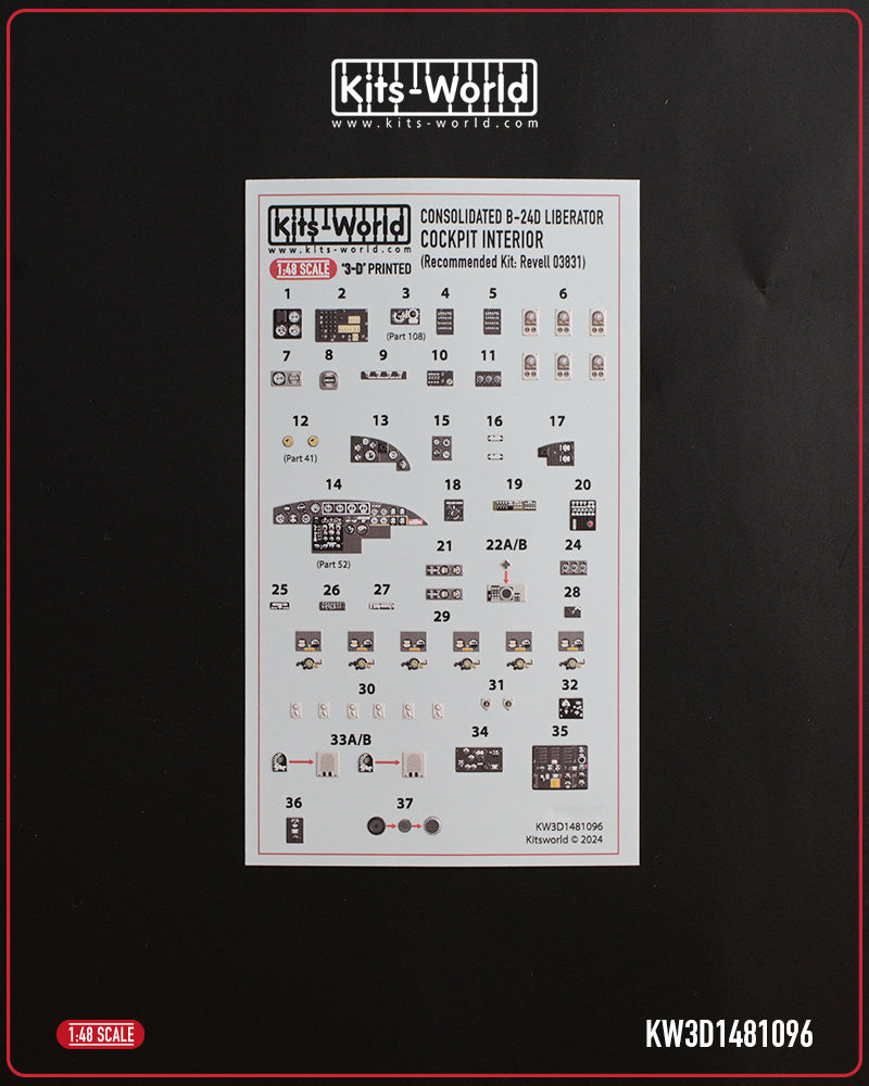 Kits-World KW3D1481096 1:48 B-24D Liberator cockpit interior detail set