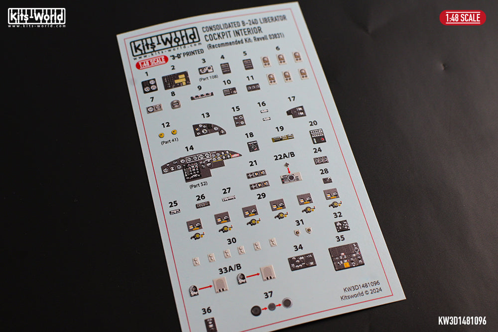 Kits-World KW3D1481096 1:48 B-24D Liberator cockpit interior detail set