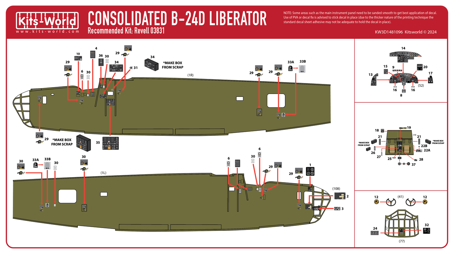 Kits-World KW3D1481096 1:48 B-24D Liberator cockpit interior detail set