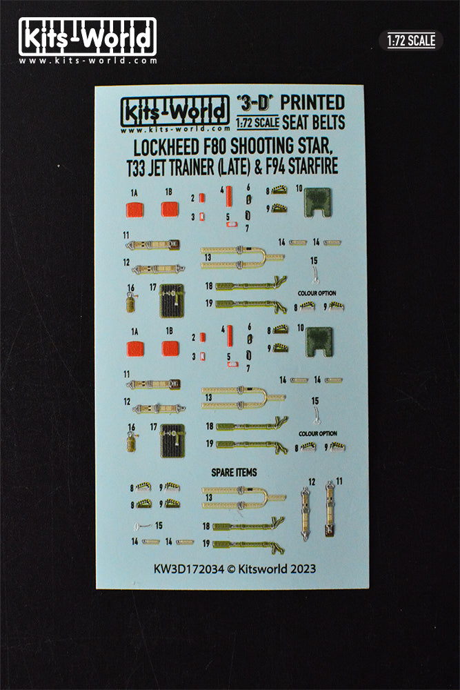 Kits-World 3D172034 1:72 Full Colour 3D Decals - Lockheed T33 Shooting Star Late Ejection Seat Belt Set