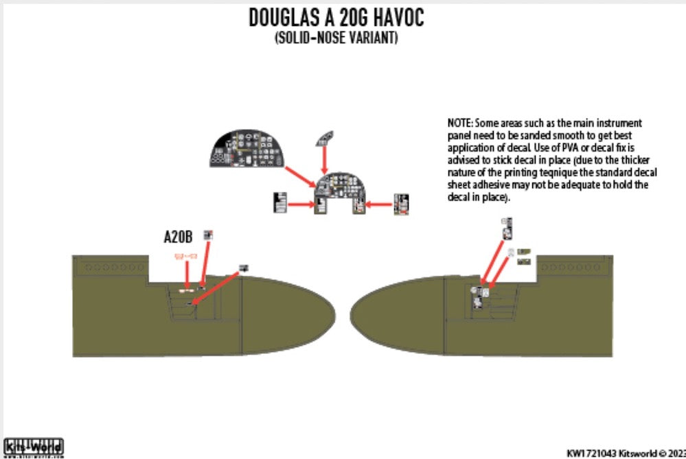 Kits-World 3D1721043 1:72 Full Colour 3D Decals - Douglas A-20G Havoc with Solid Nose Cockpit Instrument Panels