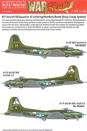 Kits-World KW148025 1:48 Boeing B-17F/G Flying Fortress General Numbering & Letters