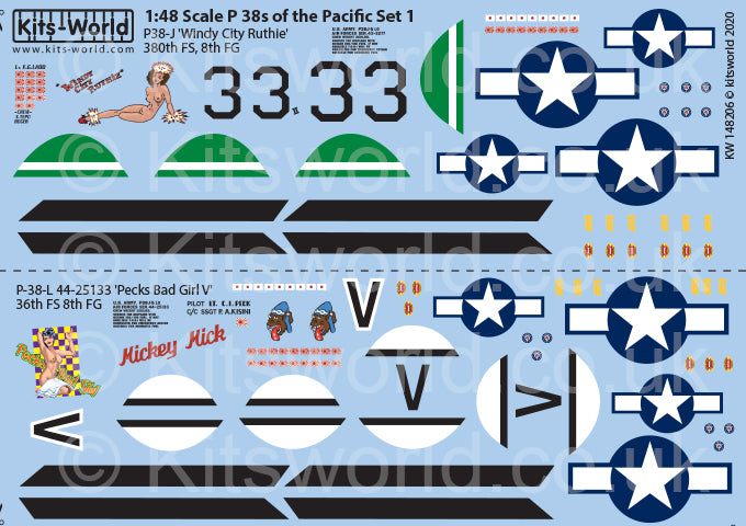 Kits-World KW148206 1:48 Lockheed P-38L Lightning's of the Pacific (Late War) Set 1