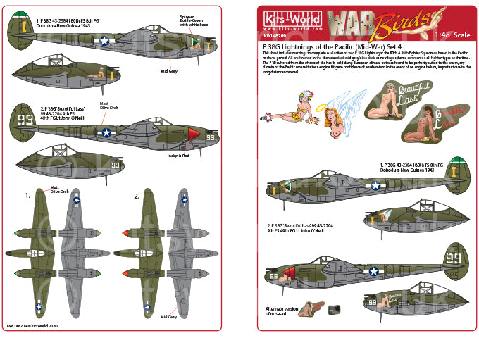 Kits-World KW148209 1:48  Lockheed P-38L Lightnings of the Pacific (Mid War) Set 4