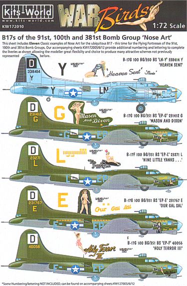 Kits-World KW172010 1:72 Boeing B-17F/G Flying Fortress 91st, 100th, 381st BG Nose Art