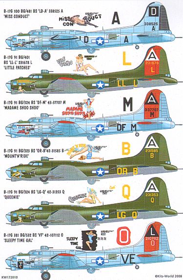 Kits-World KW172010 1:72 Boeing B-17F/G Flying Fortress 91st, 100th, 381st BG Nose Art