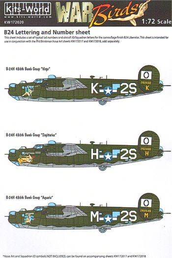 Kits-World KW172020 1:72 Consolidated B-24 Liberator Numbering & Lettering ID Set (Camouflage Finish)