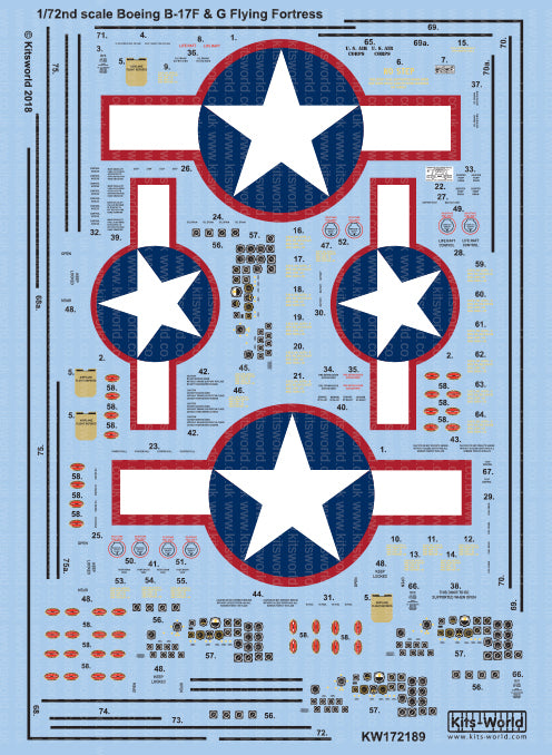 Kits-World KW172189 1:72 Boeing B-17F/G Flying Fortress Red Outlined Stars & Bars