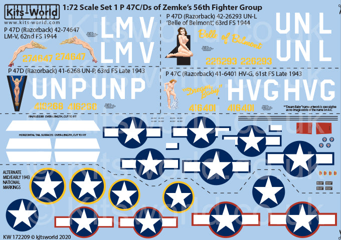 Kits-World KW172209 1:72 Republic P-47C/D Thunderbolts of Hub Zemkeâs 56th Fighter Group