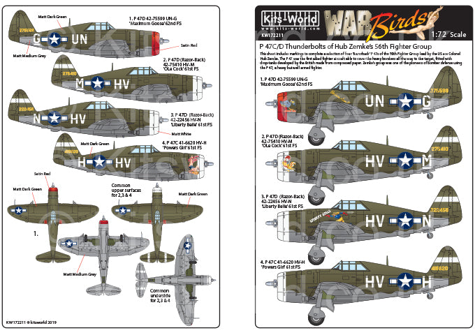 Kits-World KW172211 1:72 Republic P-47C/D Thunderbolts of Hub Zemkeâs 56th Fighter Group