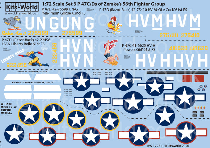 Kits-World KW172211 1:72 Republic P-47C/D Thunderbolts of Hub Zemkeâs 56th Fighter Group