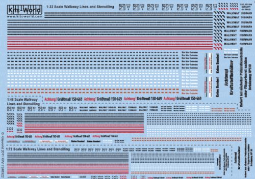 Kits-World KW74322 1:32, 1:48, 1:72 Walkways Lines Corners & Stencilling - Red, Black & White (British and German Text)