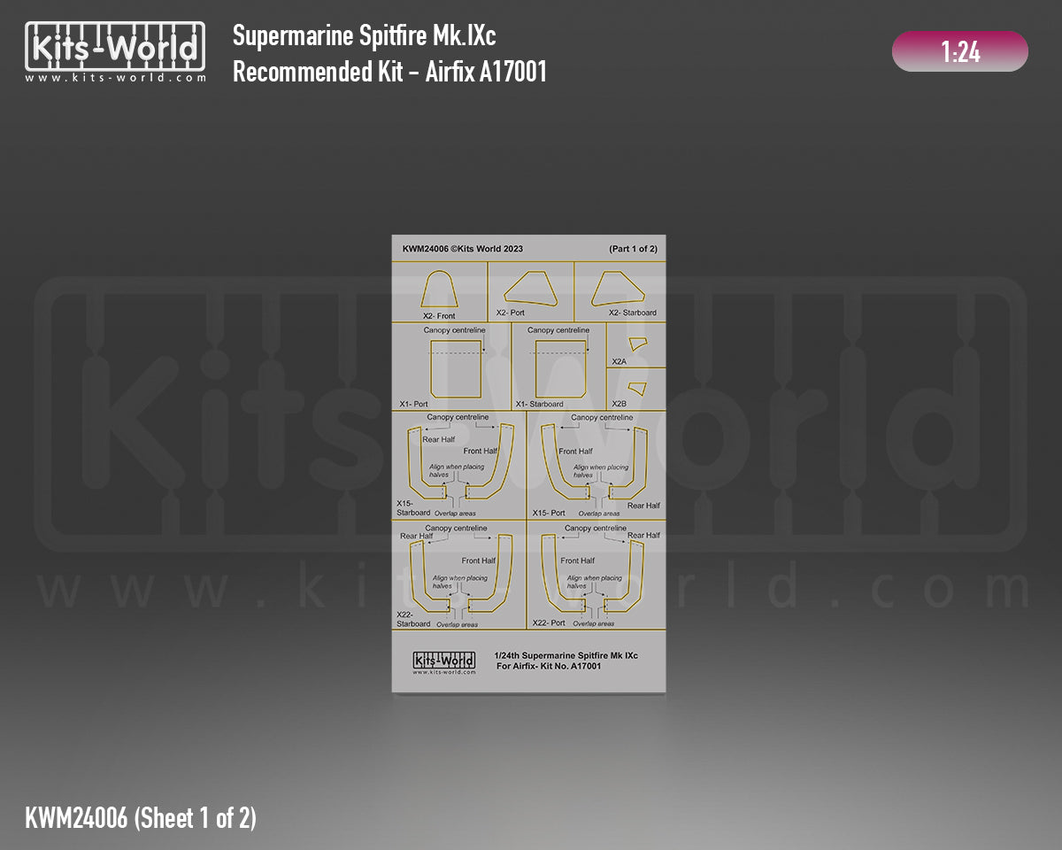 Kits-World KWM24006 1:24 Supermarine Spitfire Mk.IXc Canopy and Wheel Mask