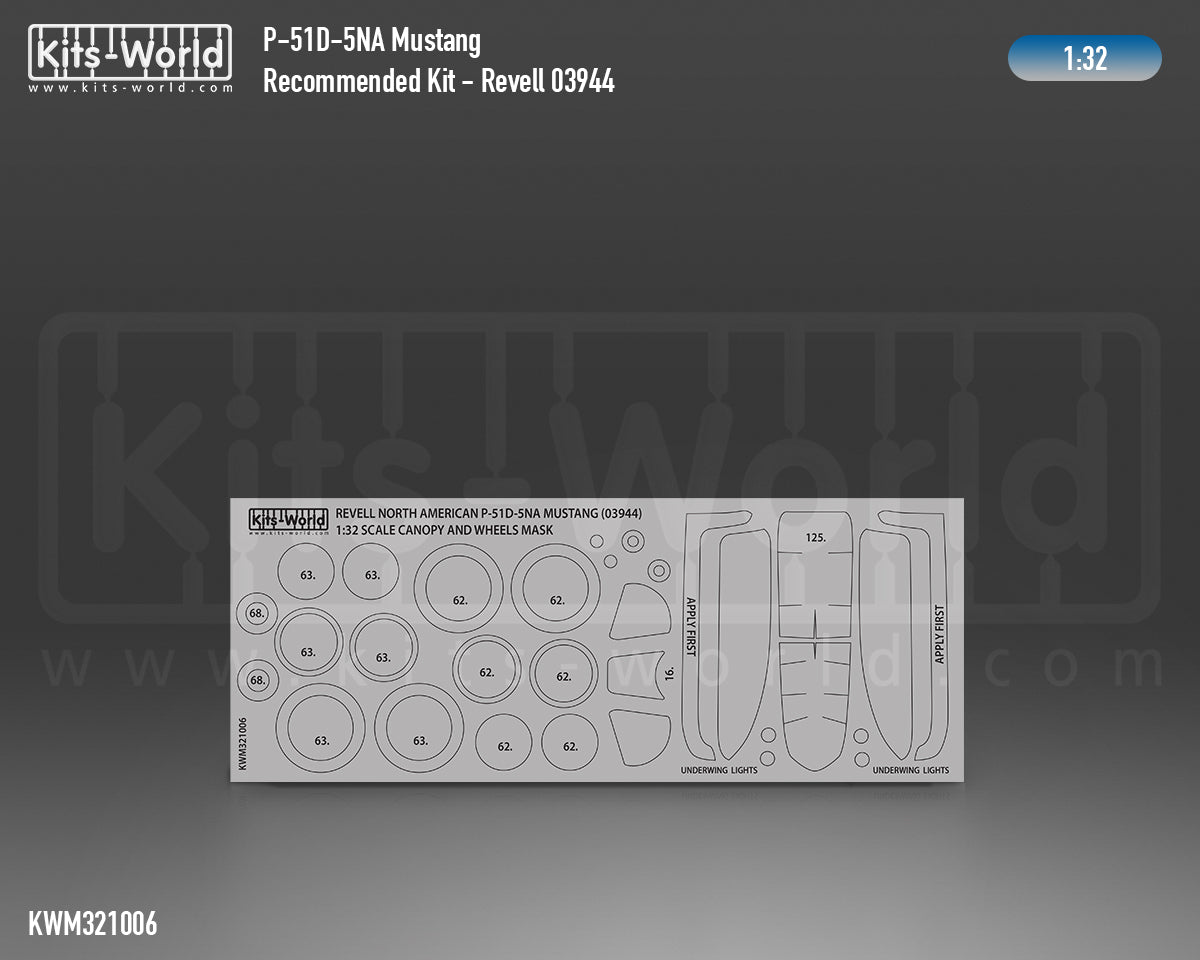 Kits-World M321006 1:32 North-American P-51D-5NA Mustang Canopy & Wheels Paint Mask (Outside Only)