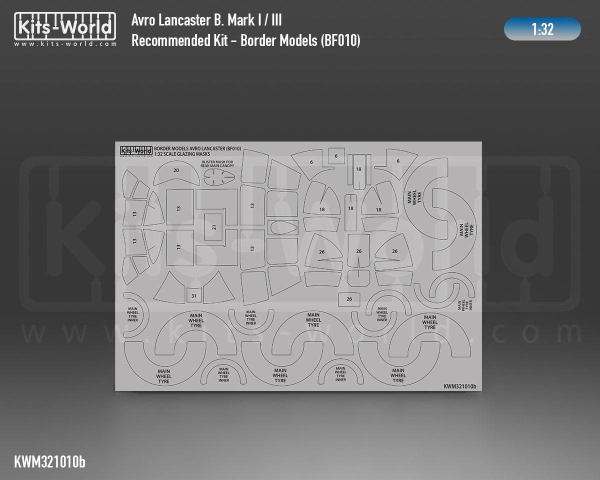 Kits-World M321010 1:32 Avro Lancaster B.Mk.I/III Canopy & Wheels Paint Mask (Outside Only)