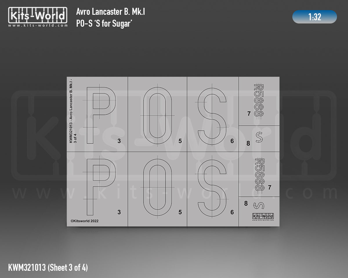 Kits-World M321013 1:32 Avro Lancaster B.I/III PO-S (S for Sugar) Aircraft Markings & Insignia Mask