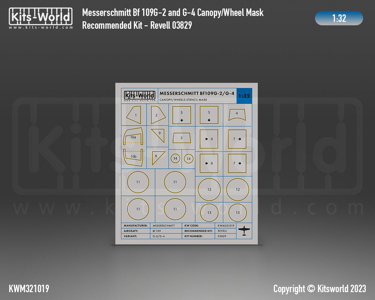 Kits-World KWM321019 1:32 Messerschmitt Bf-109G-2/Bf-109G-4 wheels and canopy frame paint mask