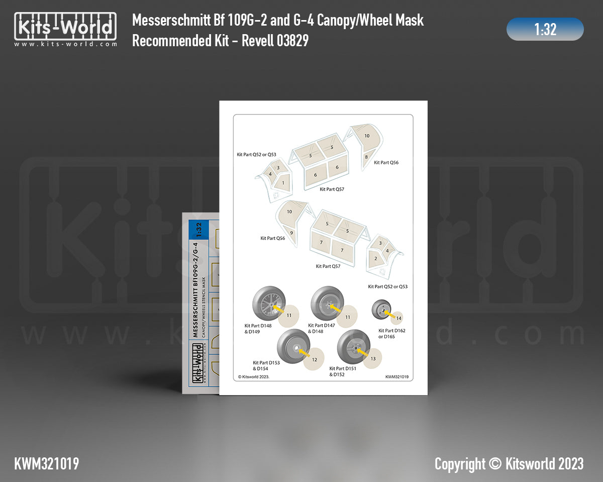 Kits-World KWM321019 1:32 Messerschmitt Bf-109G-2/Bf-109G-4 wheels and canopy frame paint mask