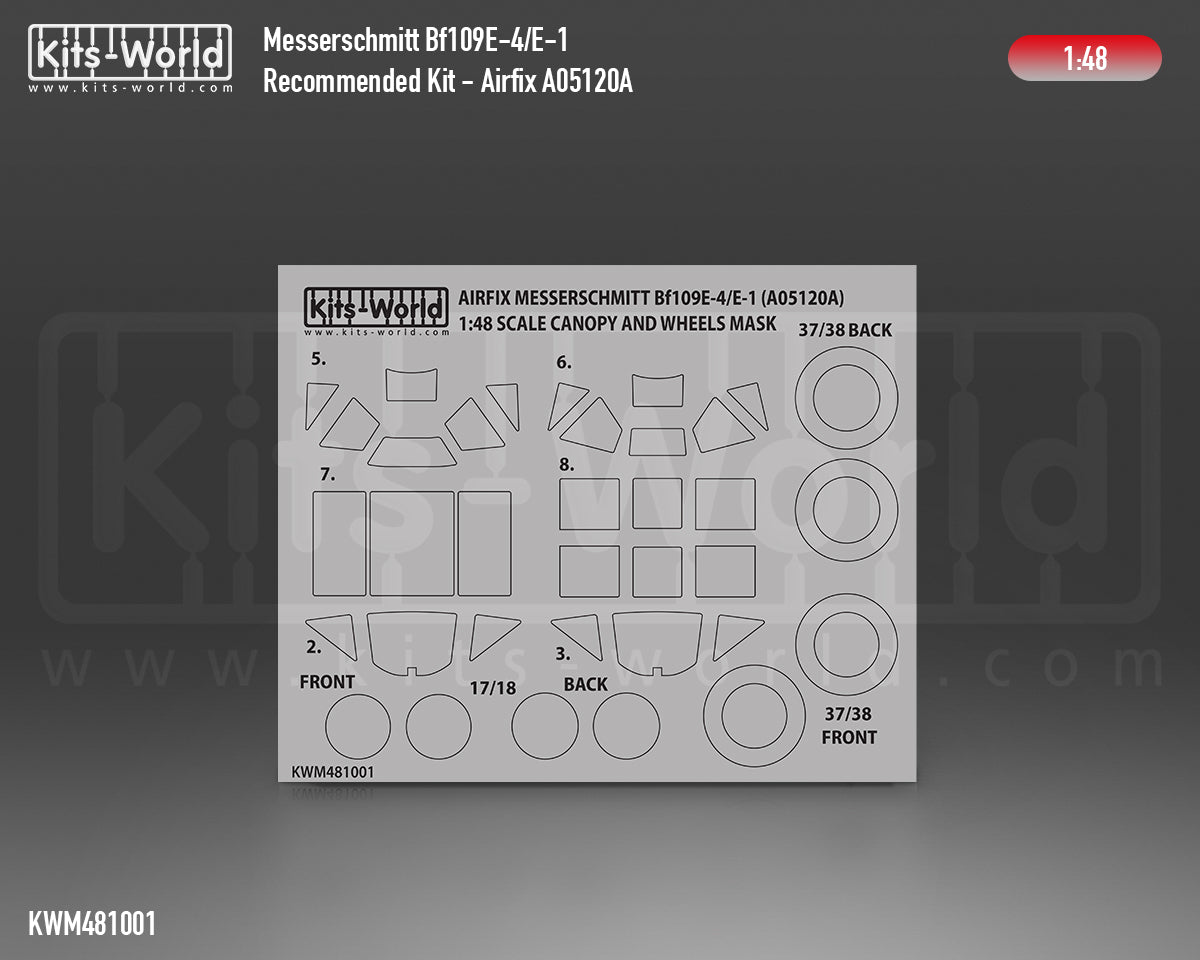 Kits-World M481001 1:48 Messerschmitt Bf-109E-1/E-3/E-4 Canopy & Wheels Paint Mask (Outside Only)