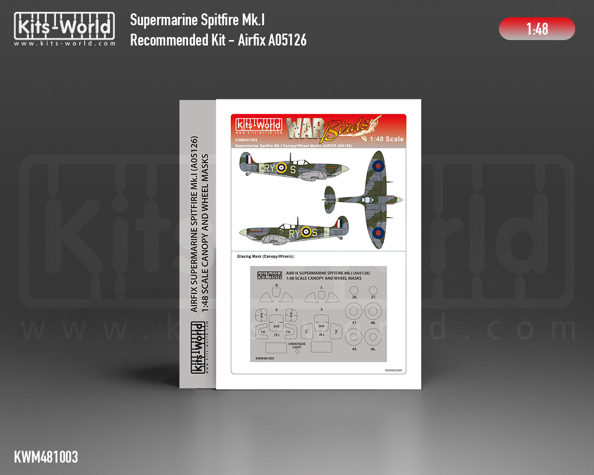 Kits-World M481003 1:48 Supermarine Spitfire Mk.I Canopy & Wheels Paint Mask (Outside Only)