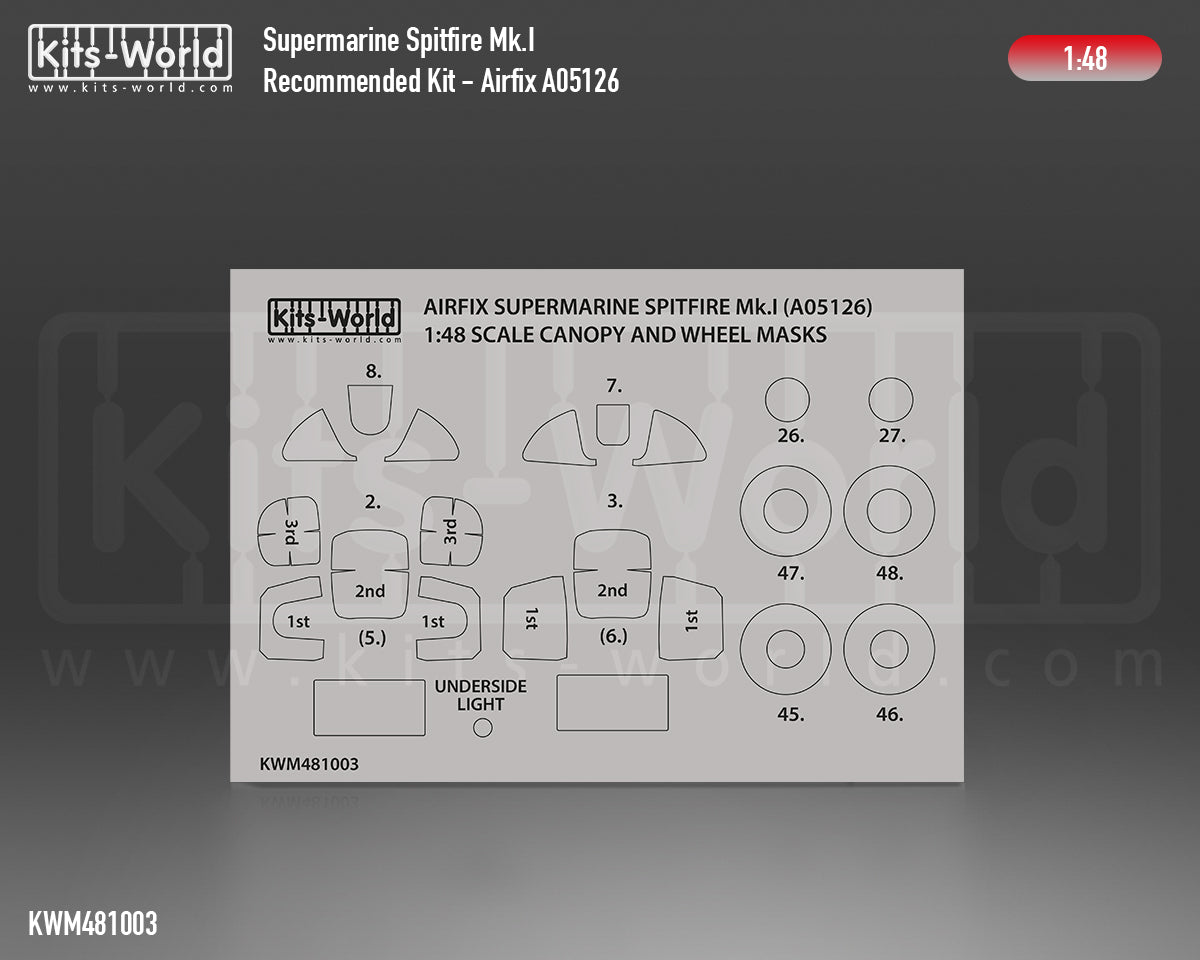 Kits-World M481003 1:48 Supermarine Spitfire Mk.I Canopy & Wheels Paint Mask (Outside Only)