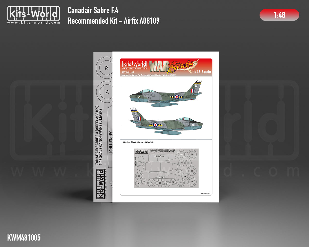 Kits-World M481005 1:48 North-American F-86F-40 Sabre Canopy & Wheels Paint Mask (Outside Only)