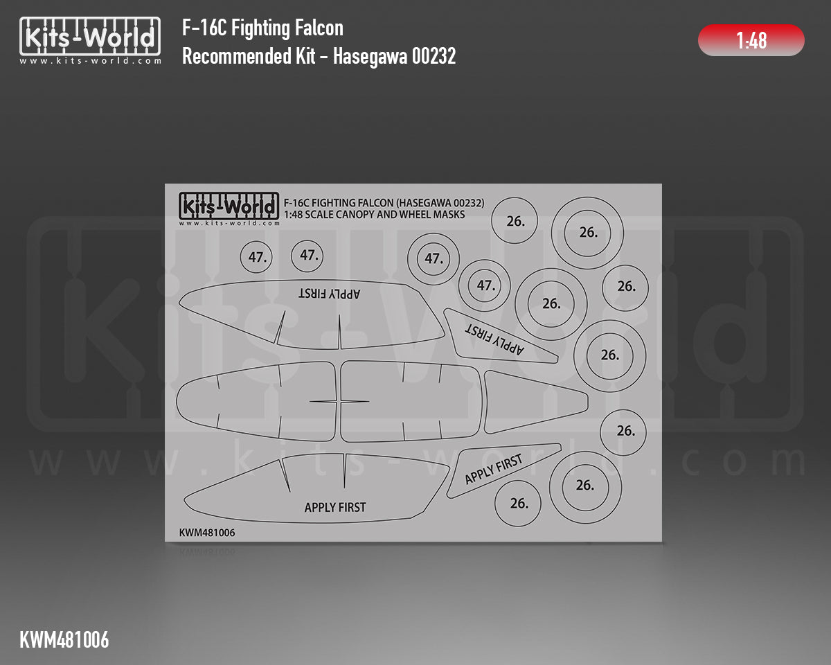 Kits-World M481006 1:48 Lockheed-Martin F-16C Fighting Falcon Canopy & Wheels Paint Mask (Outside Only)