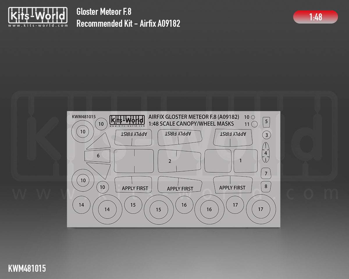 Kits-World M481015 1:48 Gloster Meteor F.8 Canopy & Wheels Paint Mask (Outside Only)
