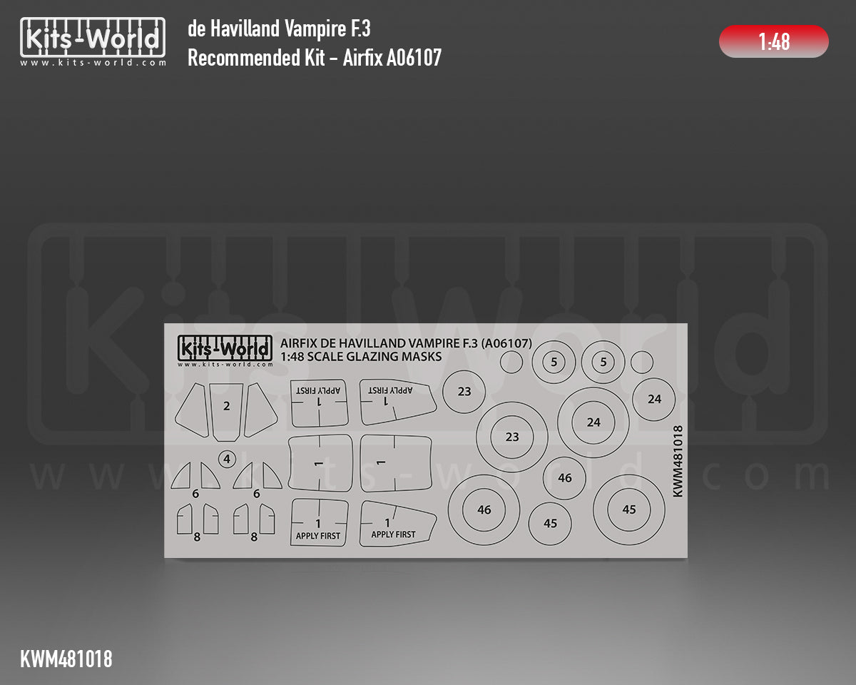 Kits-World M481018 1:48 de Havilland Vampire F.3 Canopy & Wheels Paint Mask (Outside Only)