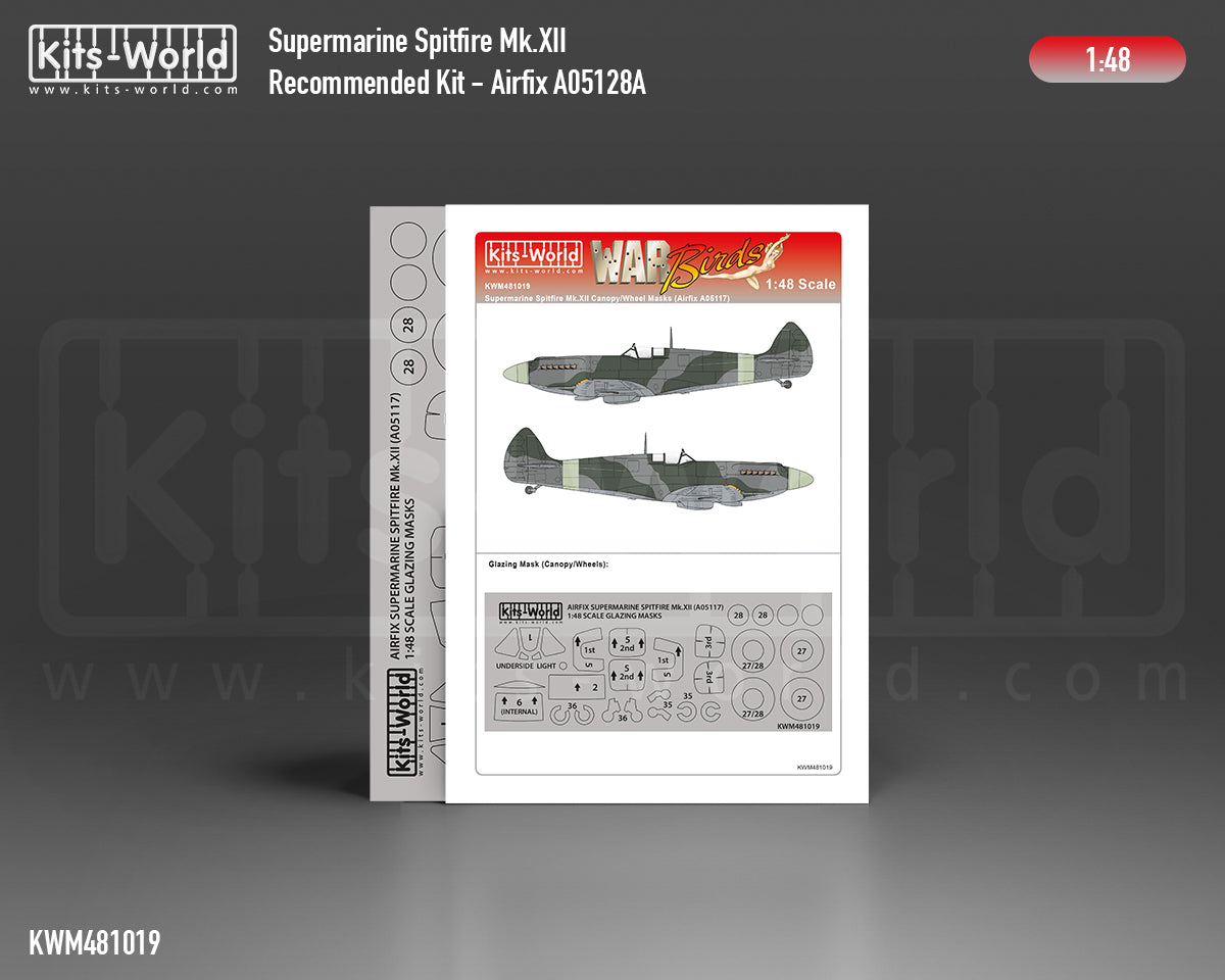 Kits-World M481019 1:48 Supermarine Spitfire Mk.XII Canopy & Wheels Paint Mask (Outside Only)