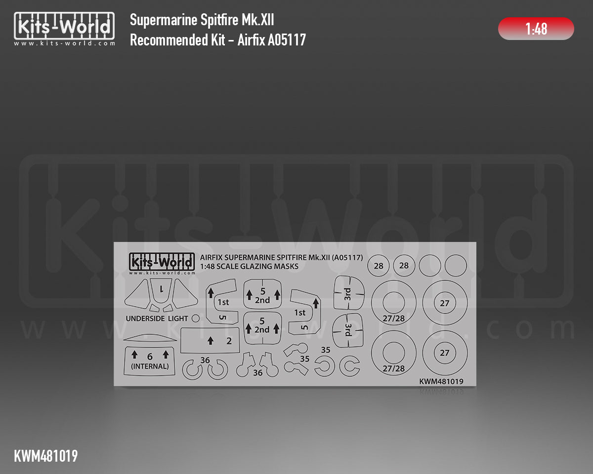 Kits-World M481019 1:48 Supermarine Spitfire Mk.XII Canopy & Wheels Paint Mask (Outside Only)