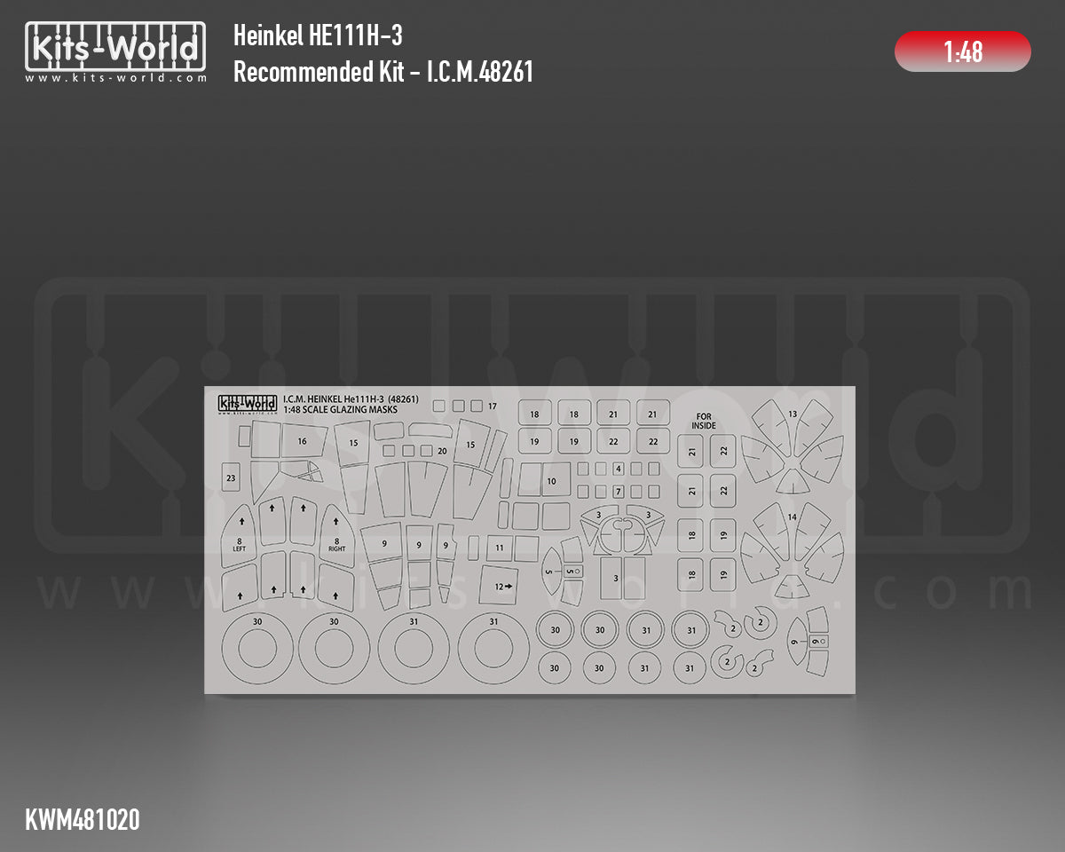 Kits-World M481020 1:48 Heinkel He-111H-3 Canopy & Wheels Paint Mask (Outside Only)